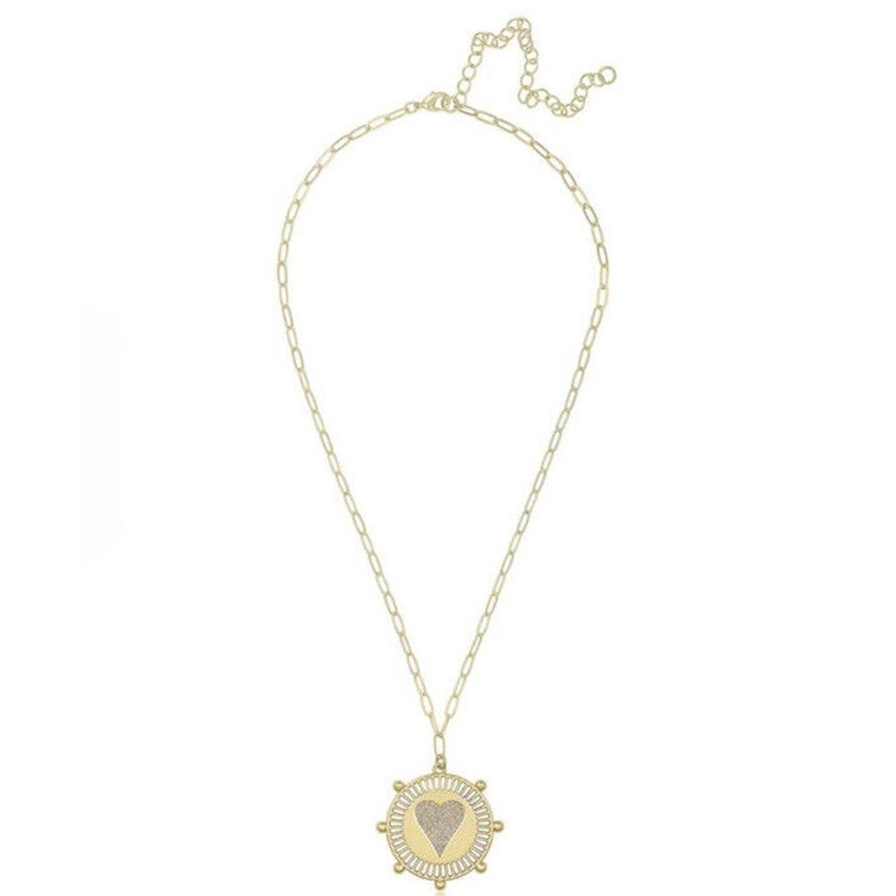 Jennifer Miller Yellow Gold Plated Pave Heart Medallion Necklace Paperclip Chain - Picture 3 of 4